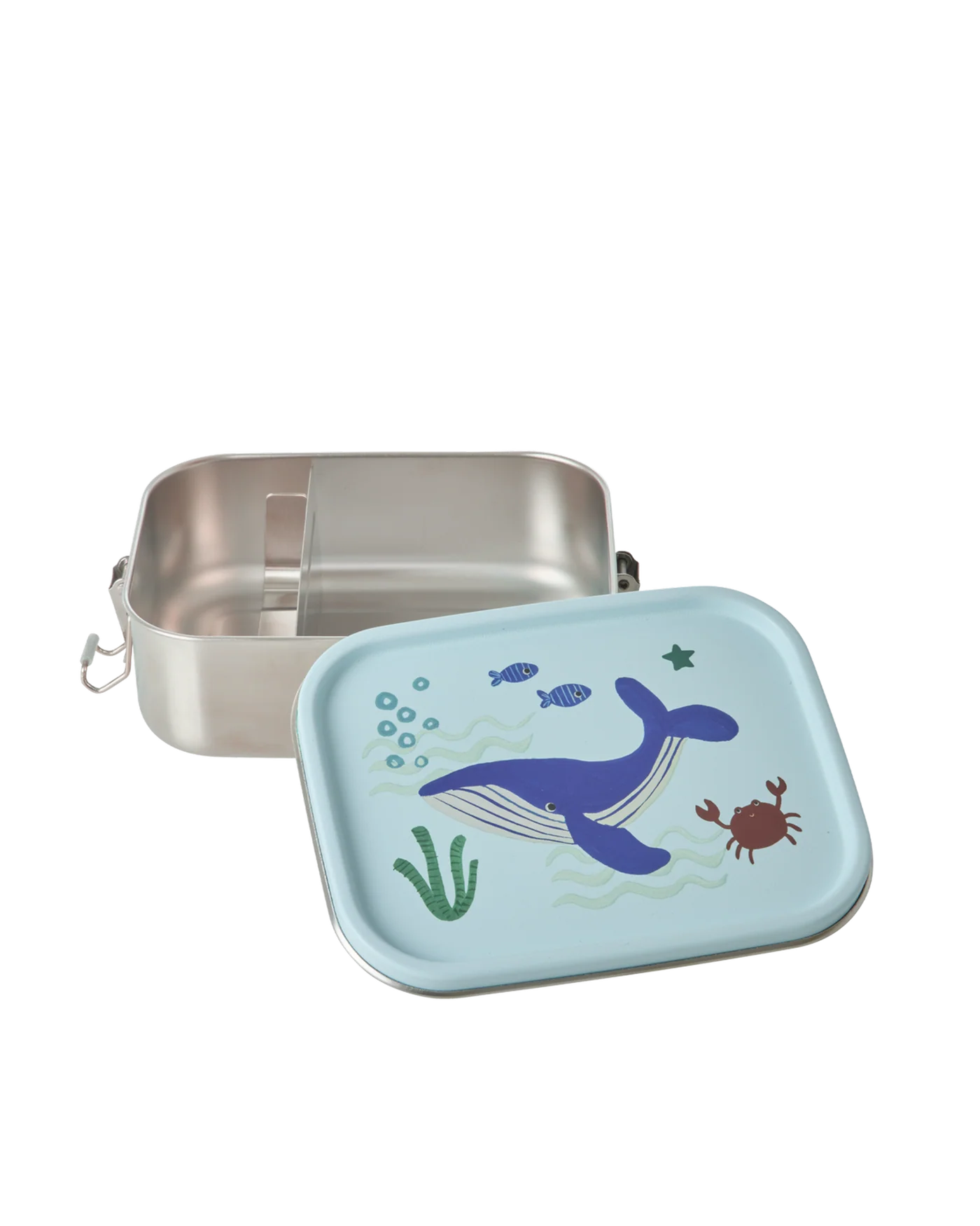 Lunch box Rice piccola in acciaio inox con coperchio blu e stampa Ocean, su sfondo bianco