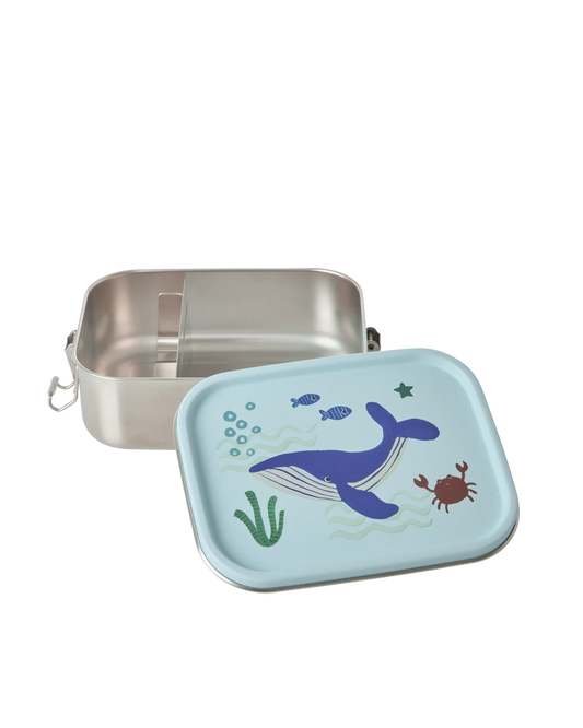 Lunch box Rice piccola in acciaio inox con coperchio blu e stampa Ocean, su sfondo bianco