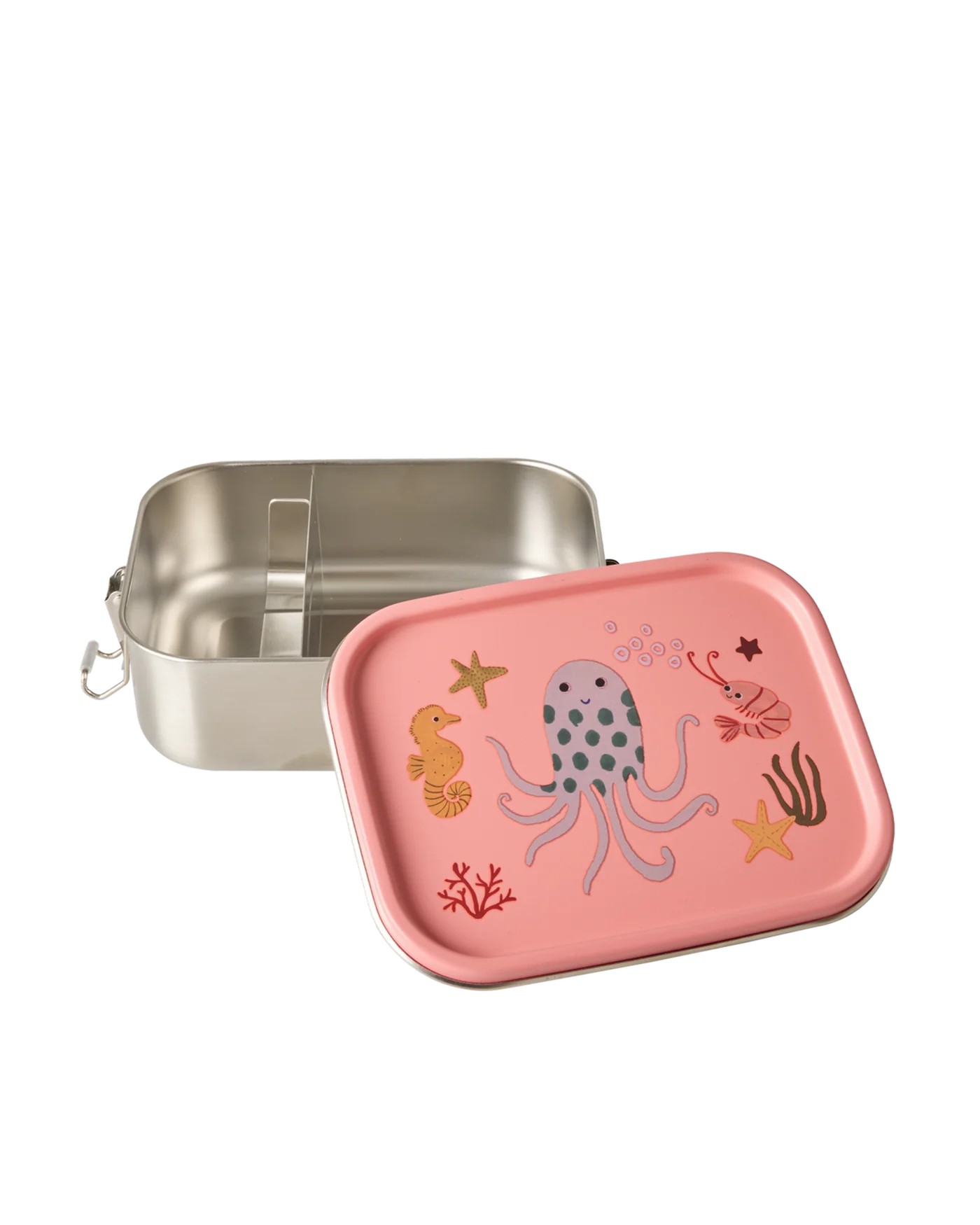 Lunch box Rice piccola in acciaio inox con coperchio corallo e stampa Ocean, su sfondo bianco