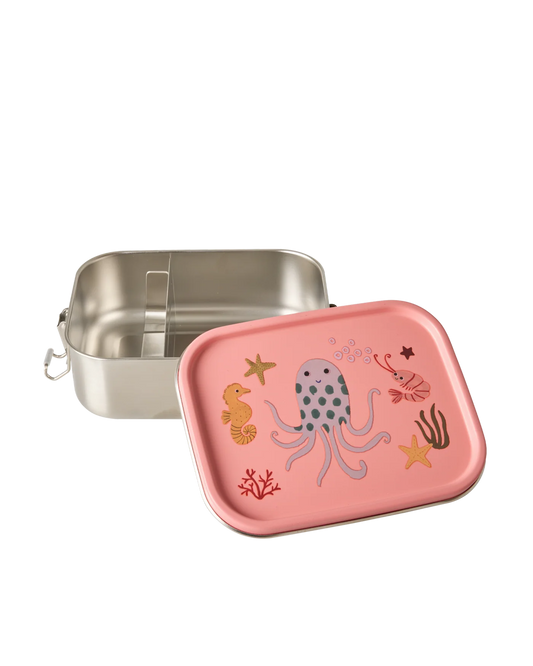 Lunch box Rice piccola in acciaio inox con coperchio corallo e stampa Ocean, su sfondo bianco