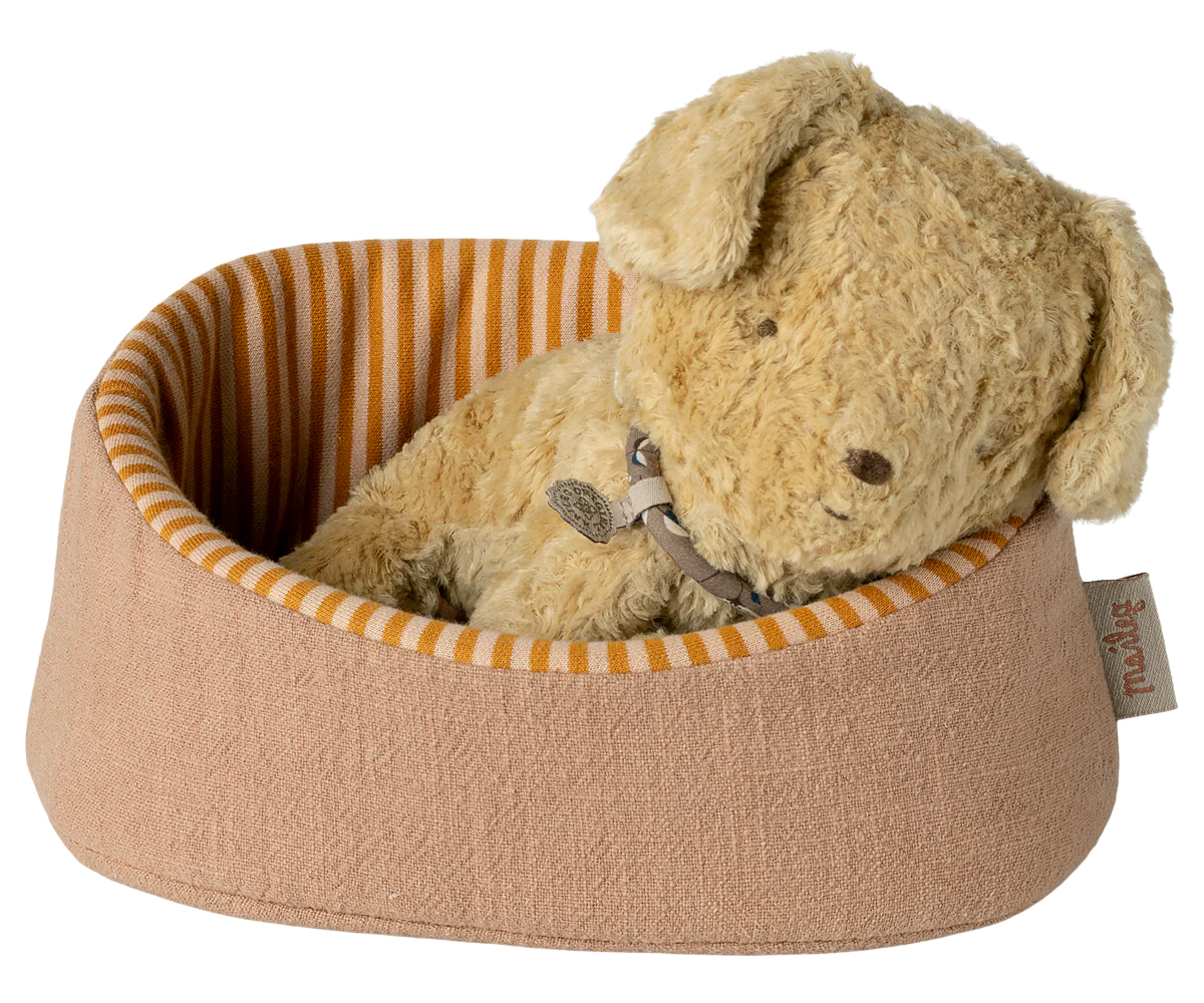 Cestino cuccioli Maileg cipria con interno a righe per peluche
