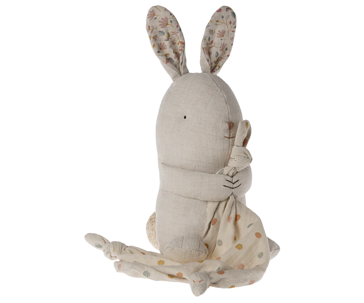 Coniglietto Carillon Maileg Lullaby Friends in lino con panno coccole a pois