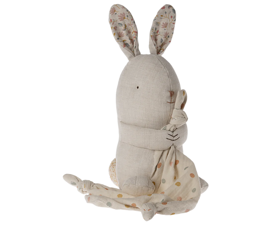 Coniglietto Carillon Maileg Lullaby Friends in lino con panno coccole a pois