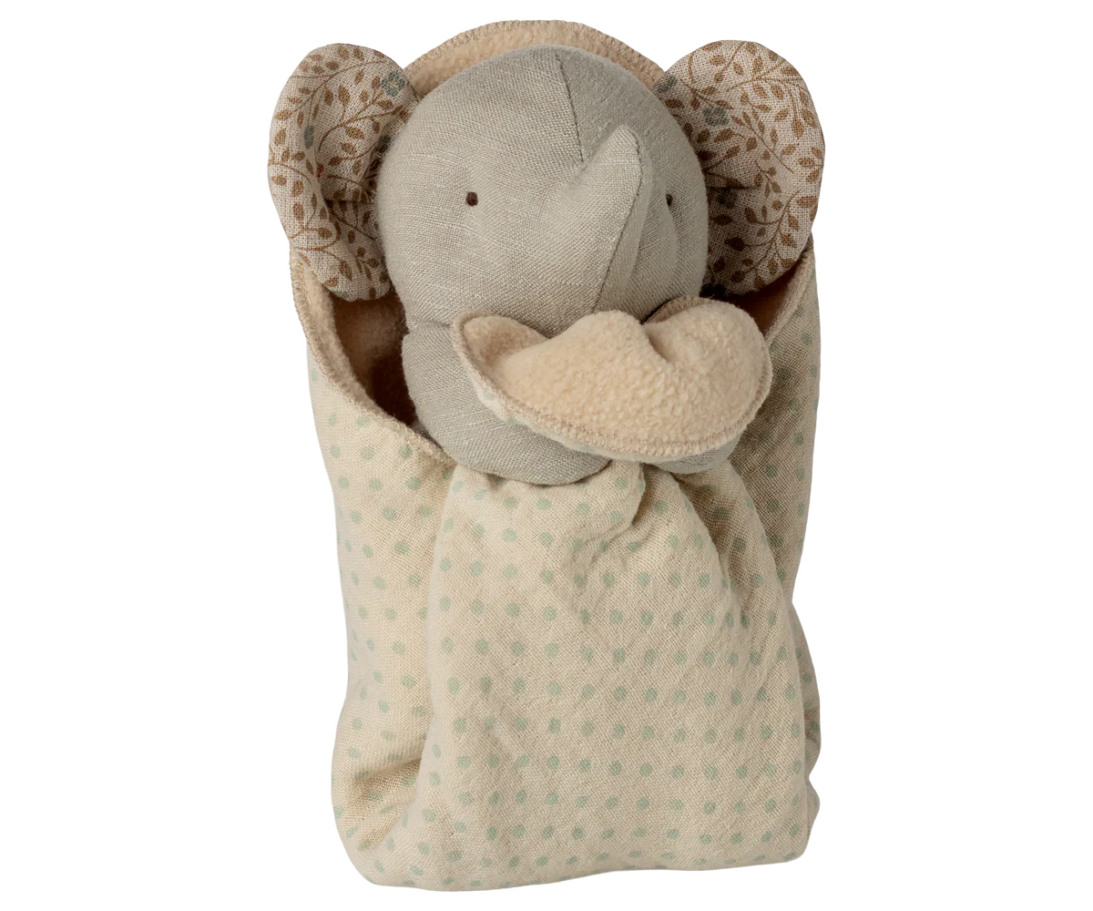 Maileg Lullaby Friends elefante mini grigio con panno coccoloso per neonati