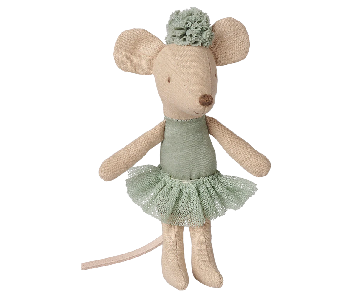 Topina Ballerina Sorellina Maileg Menta Vintage con tutù color menta e pompon della collezione Autunno/Inverno 2026.