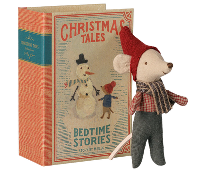 Topo Natalizio Maileg bambino nel libro Christmas Tales con confezione a libro illustrato e lettino interno