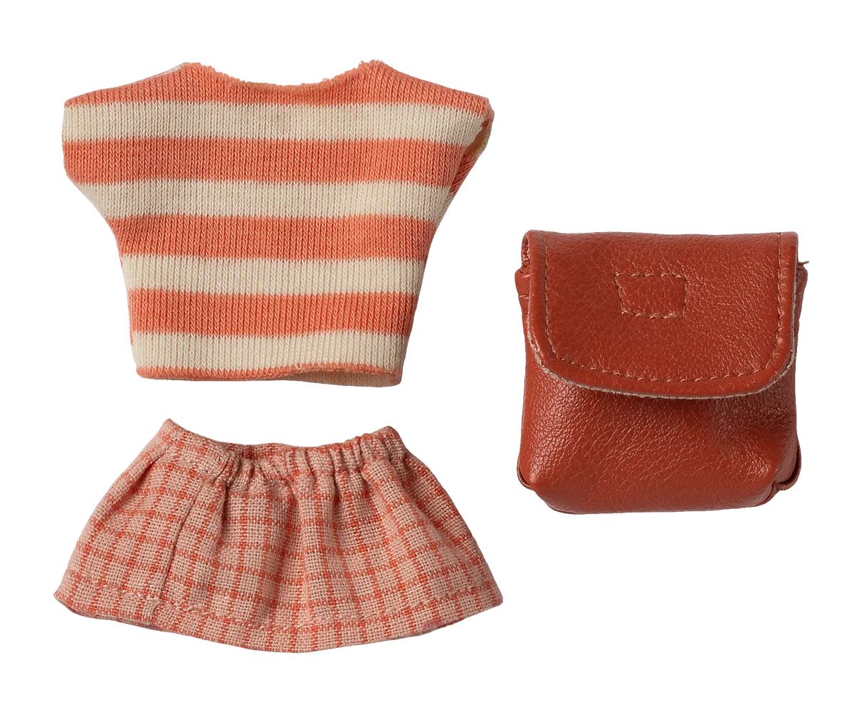 Set vestiti corallo Maileg con gonna camicia e zainetto per Topo Sorella Maggiore e Fratello Maggiore