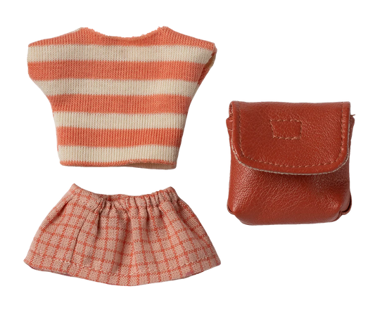 Set vestiti corallo Maileg con gonna camicia e zainetto per Topo Sorella Maggiore e Fratello Maggiore