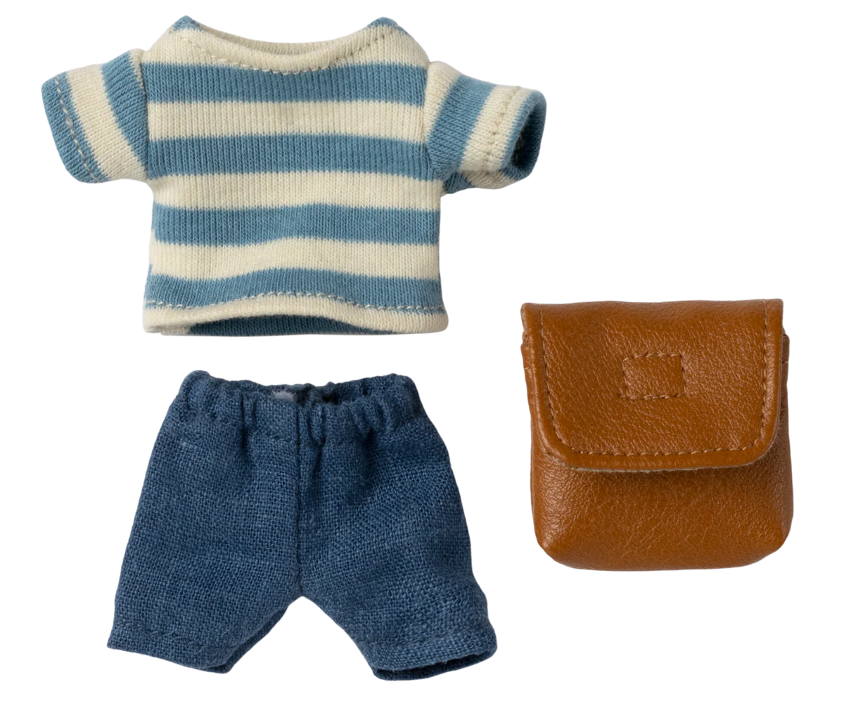 Set vestiti marrone Maileg con pantaloncini maglietta e zainetto per Topo Fratello Maggiore e Sorella Maggiore