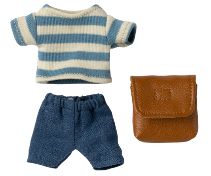 Set vestiti marrone Maileg con pantaloncini maglietta e zainetto per Topo Fratello Maggiore e Sorella Maggiore