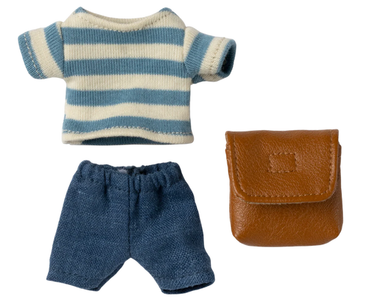 Set vestiti marrone Maileg con pantaloncini maglietta e zainetto per Topo Fratello Maggiore e Sorella Maggiore