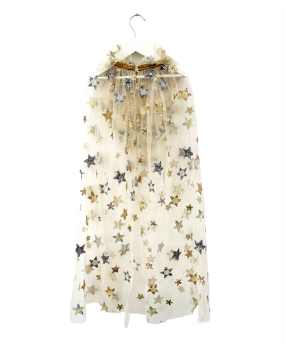 mantello fatina Ratatam in tulle con cappuccio e paillettes oro e argento