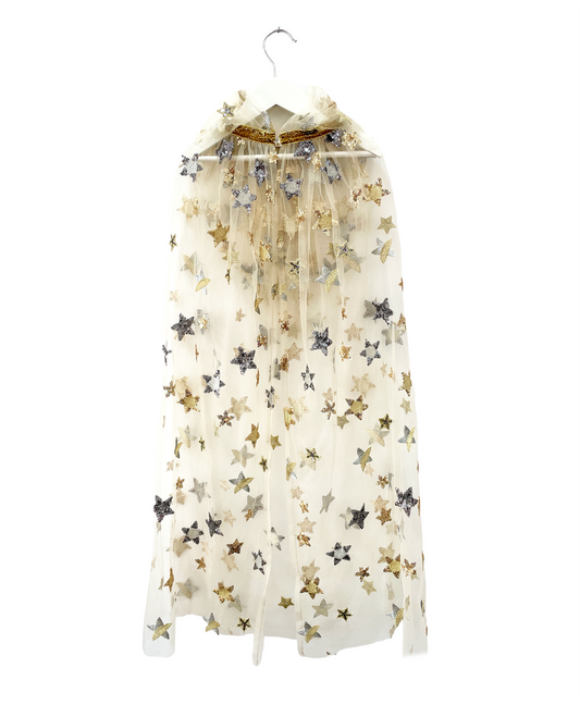 mantello fatina Ratatam in tulle con cappuccio e paillettes oro e argento