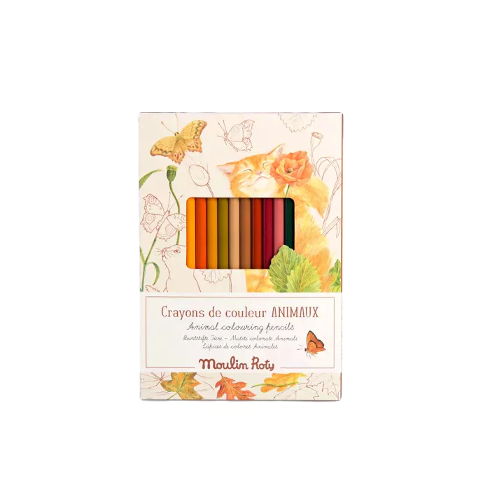 Set creativo Moulin Roty con 12 matite colorate e carte da colorare animali