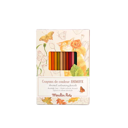 Set creativo Moulin Roty con 12 matite colorate e carte da colorare animali