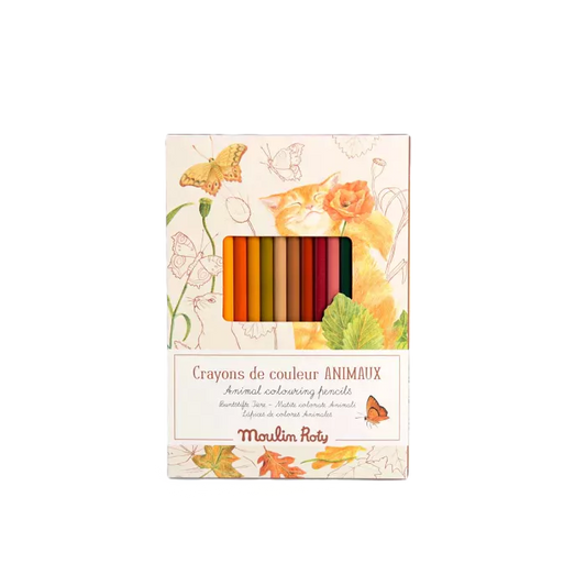 Set creativo Moulin Roty con 12 matite colorate e carte da colorare animali