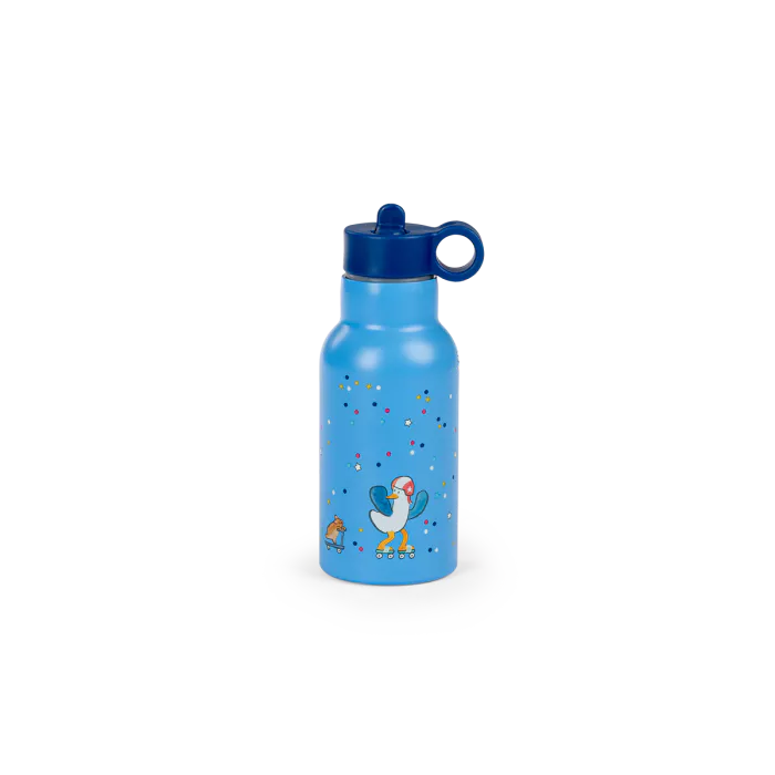 Borraccia Moulin Roty Puce & Pilou in acciaio inox con moschettone e illustrazioni