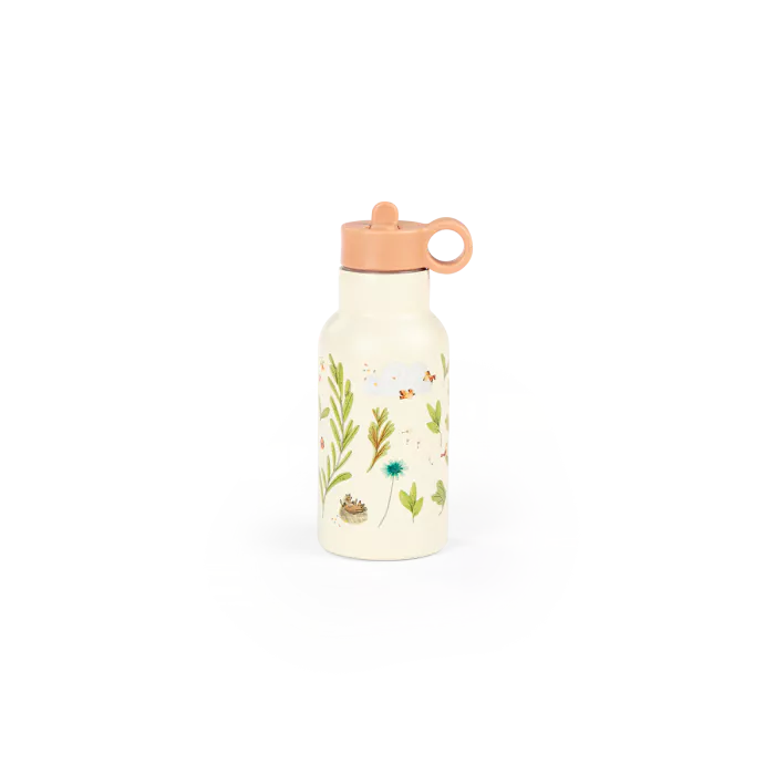 Borraccia Moulin Roty Trois Petits Lapins in acciaio inox con moschettone e illustrazioni con coniglietti