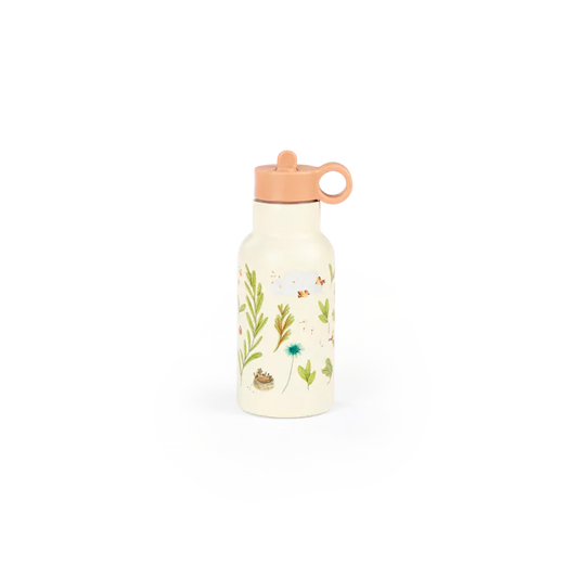 Borraccia Moulin Roty Trois Petits Lapins in acciaio inox con moschettone e illustrazioni con coniglietti