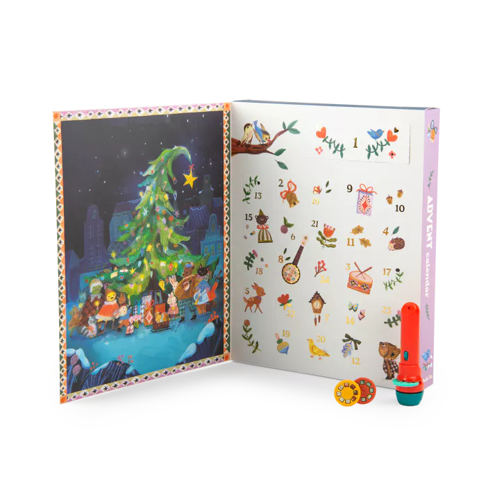 Calendario dell’Avvento Moulin Roty Les Minouchkas con lampada a storie e 23 dischi illustrati