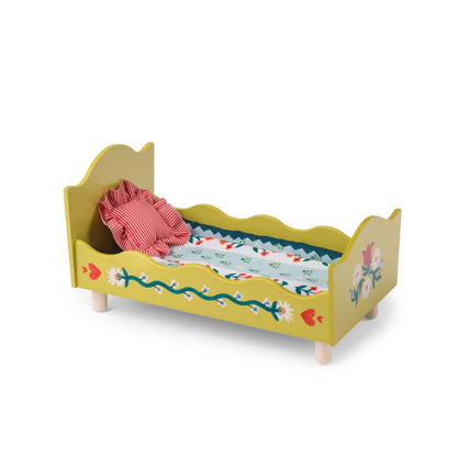 Moulin Roty Letto in legno con piumino floreale e cuscino a righe – Collezione Les Minouchkas