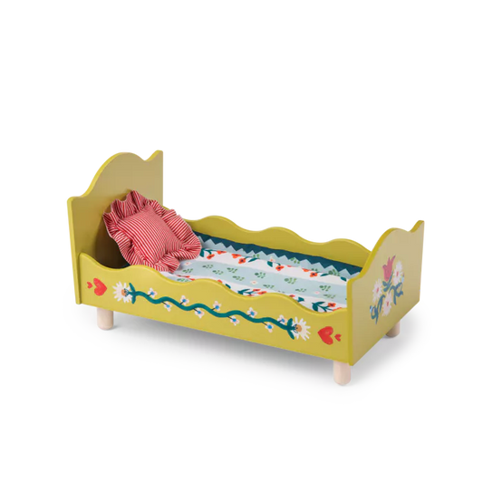 Moulin Roty Letto in legno con piumino floreale e cuscino a righe – Collezione Les Minouchkas