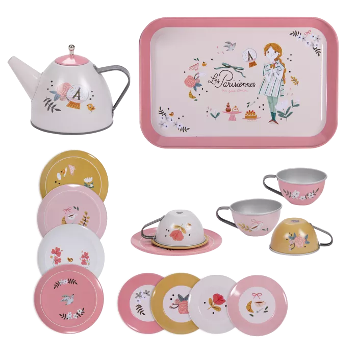 Valigetta Les Parisiennes Moulin Roty con teiera, piattini e tazze in metallo per bambini