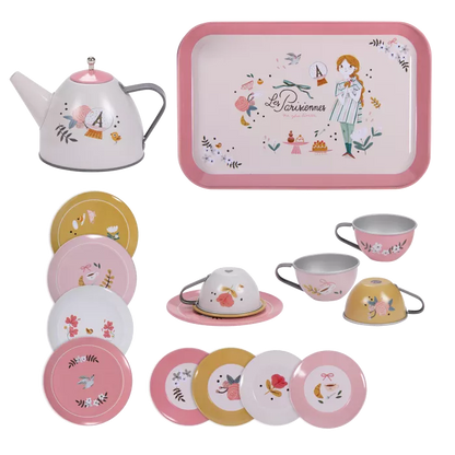 Valigetta Les Parisiennes Moulin Roty con teiera, piattini e tazze in metallo per bambini