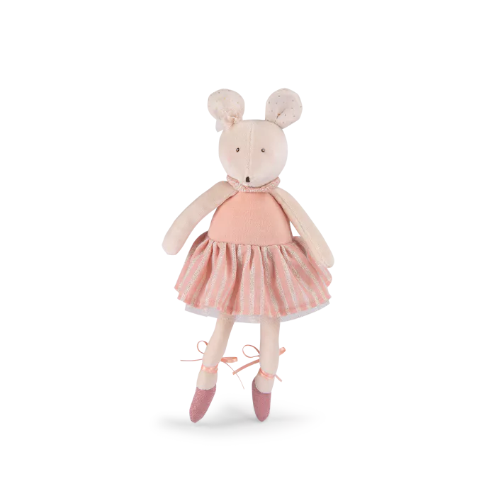 Peluche Moulin Roty Topolina Anna ballerina rosa in velluto con gonna a righe e ballerine annodate 35 cm