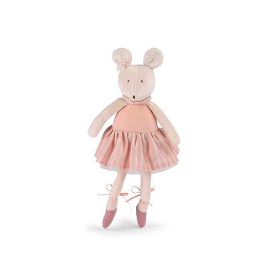 Peluche Moulin Roty Topolina Anna ballerina rosa in velluto con gonna a righe e ballerine annodate 35 cm