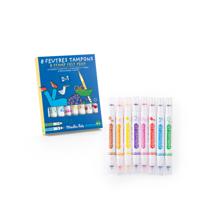 Moulin Roty Set 8 pennarelli 2 in 1 con tamponi decorativi – Collezione Les Loufoques
