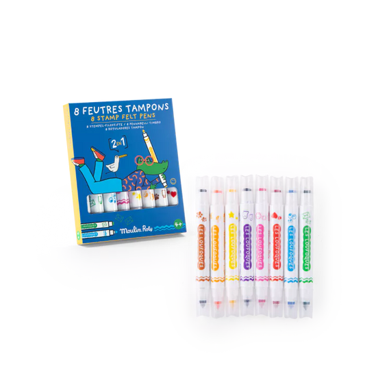 Moulin Roty Set 8 pennarelli 2 in 1 con tamponi decorativi – Collezione Les Loufoques