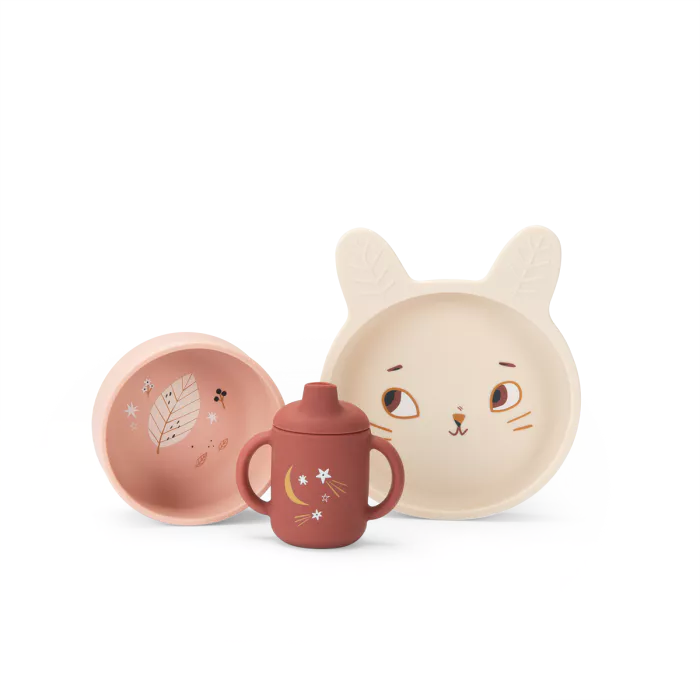 Set pappa silicone Moulin Roty Après la Pluie con piatto, ciotola e tazza illustrata con personaggi poetici