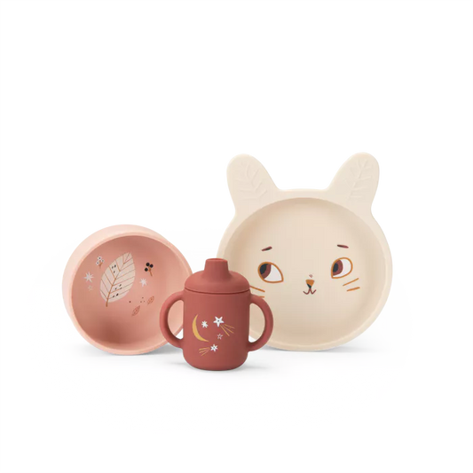 Set pappa silicone Moulin Roty Après la Pluie con piatto, ciotola e tazza illustrata con personaggi poetici