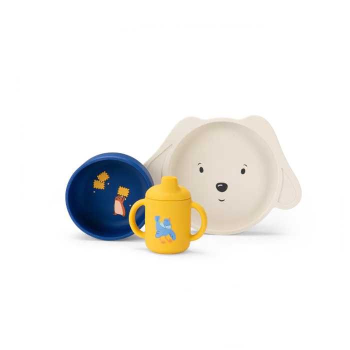 Set pappa silicone Moulin Roty Puce & Pilou con piatto, ciotola e tazza illustrata con personaggi