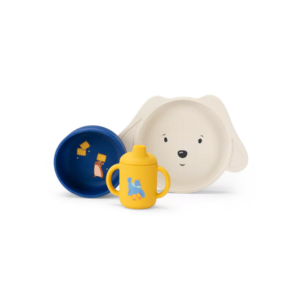Set pappa silicone Moulin Roty Puce & Pilou con piatto, ciotola e tazza illustrata con personaggi