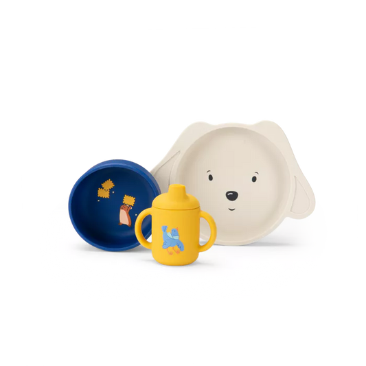 Set pappa silicone Moulin Roty Puce & Pilou con piatto, ciotola e tazza illustrata con personaggi