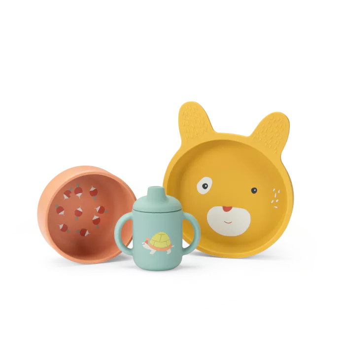 Set pappa silicone Moulin Roty Trois Petits Lapins con piatto, ciotola e tazza illustrata con coniglietti