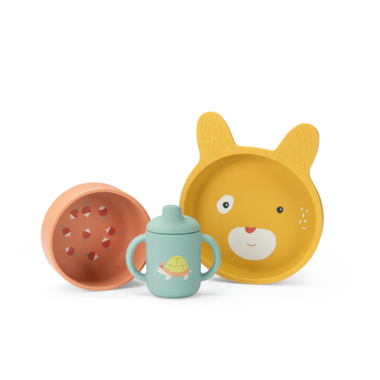 Set pappa silicone Moulin Roty Trois Petits Lapins con piatto, ciotola e tazza illustrata con coniglietti