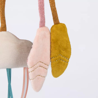 Spirale attività Moulin Roty cigno avvolta su passeggino, gioco multisensoriale per neonati dalla nascita