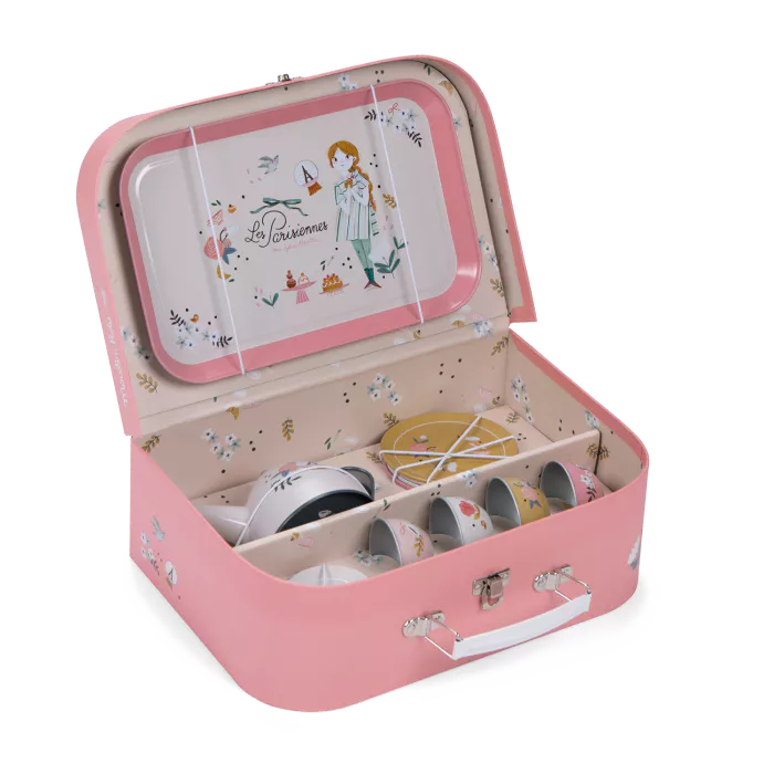 Moulin Roty Valigetta set da tè in metallo con illustrazioni parigine – Collezione Les Parisiennes