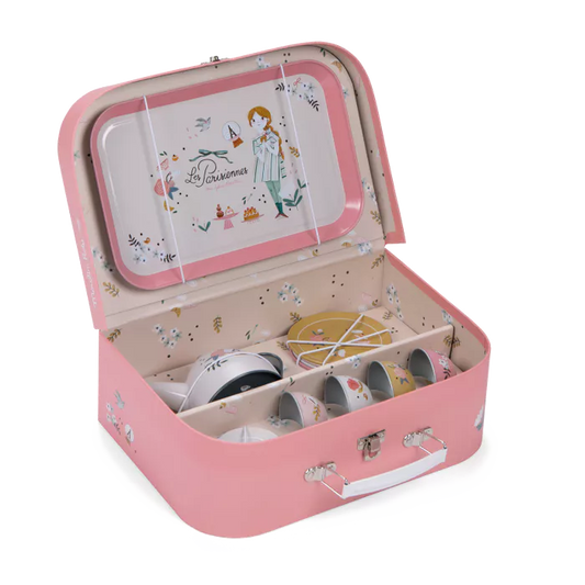 Moulin Roty Valigetta set da tè in metallo con illustrazioni parigine – Collezione Les Parisiennes