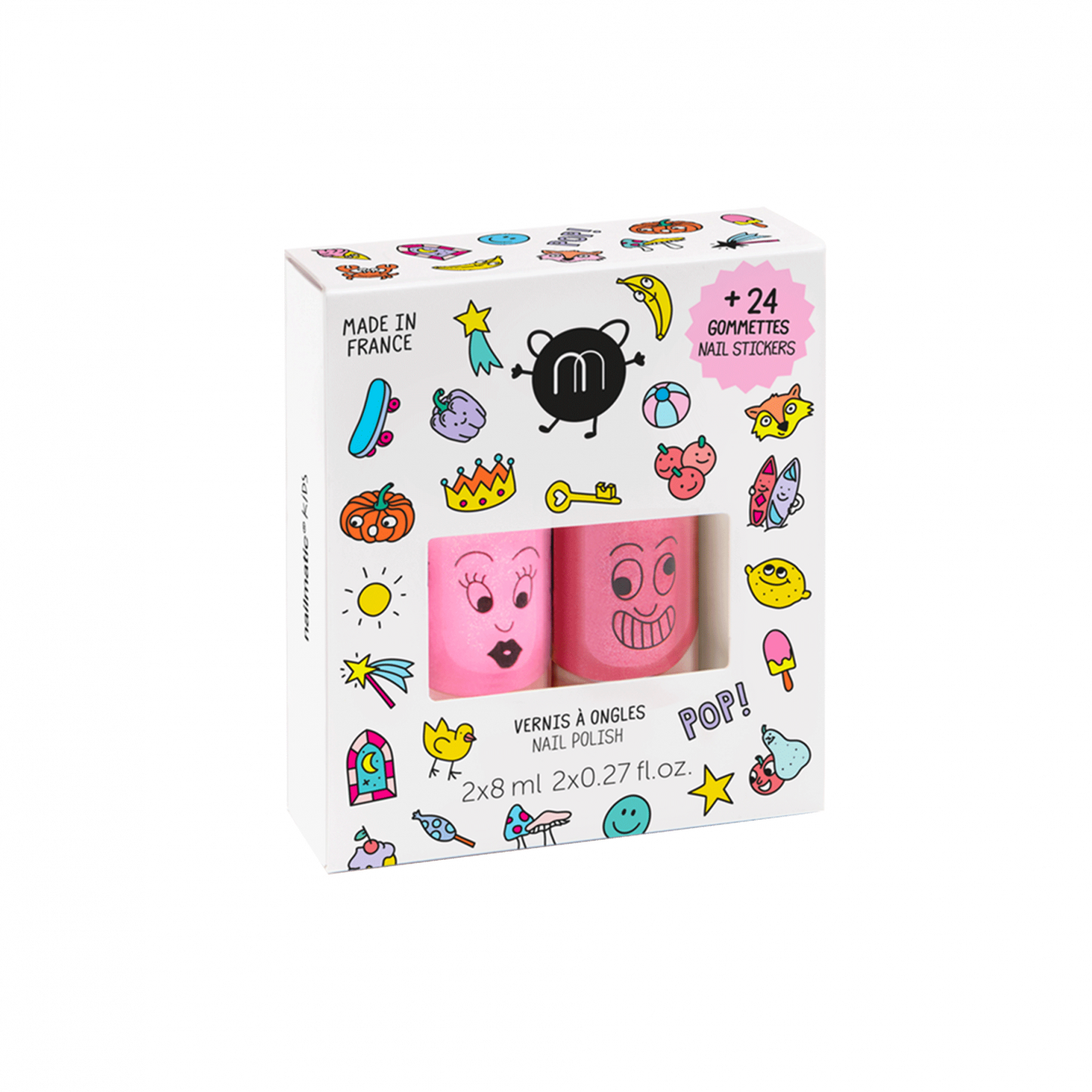 Set Nailmatic POP con due smalti rosa per bambini e adesivi colorati per unghie