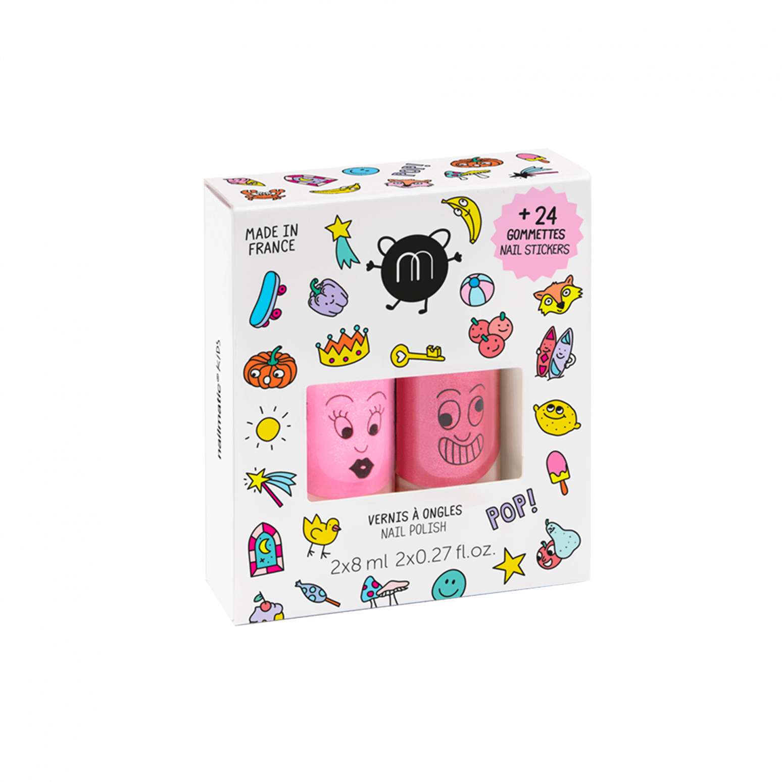 Set Nailmatic POP con due smalti rosa per bambini e adesivi colorati per unghie