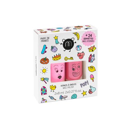 Set Nailmatic POP con due smalti rosa per bambini e adesivi colorati per unghie