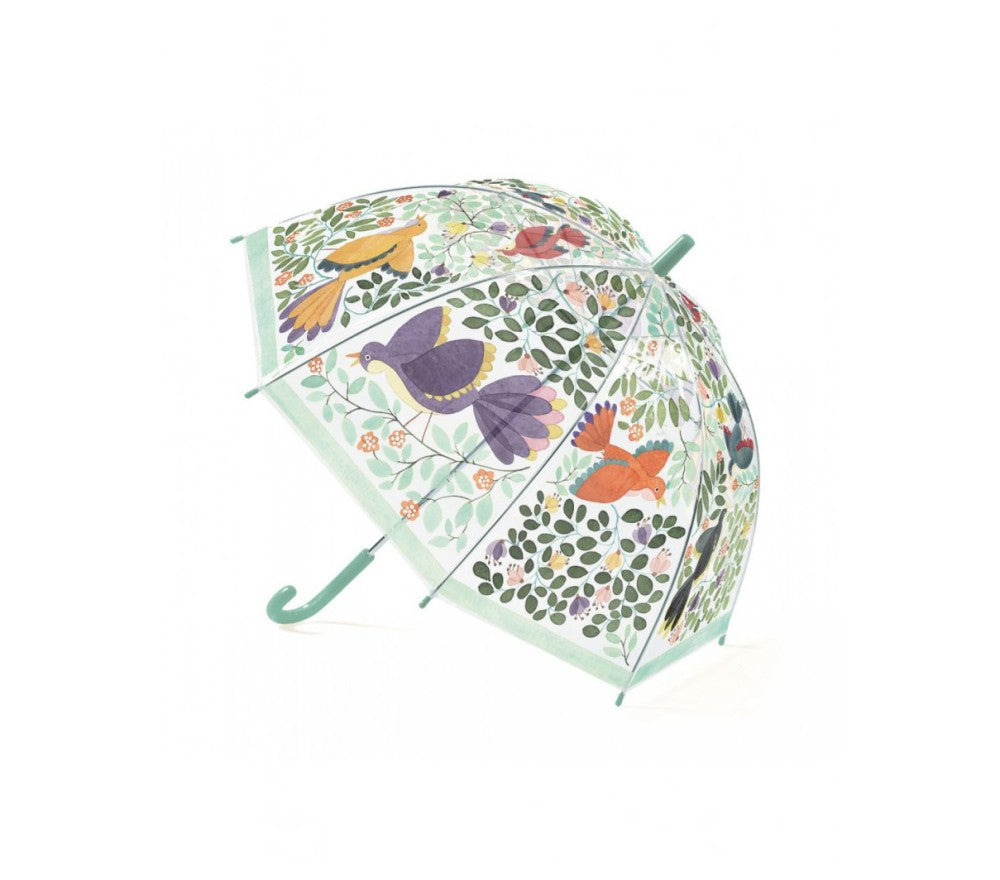 Ombrello trasparente bambini Djeco con illustrazioni uccellini e fiori