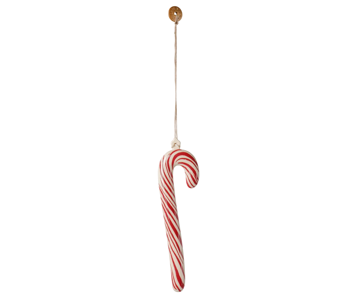Ornamento Maileg grande canna da zucchero a righe in metallo con dettagli dipinti a mano, decorazione natalizia per albero di Natale.