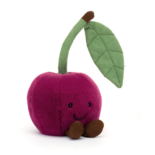 Peluche Amuseables Cherry Jellycat visto di fronte, morbido e color rosso ciliegia con dettagli beige