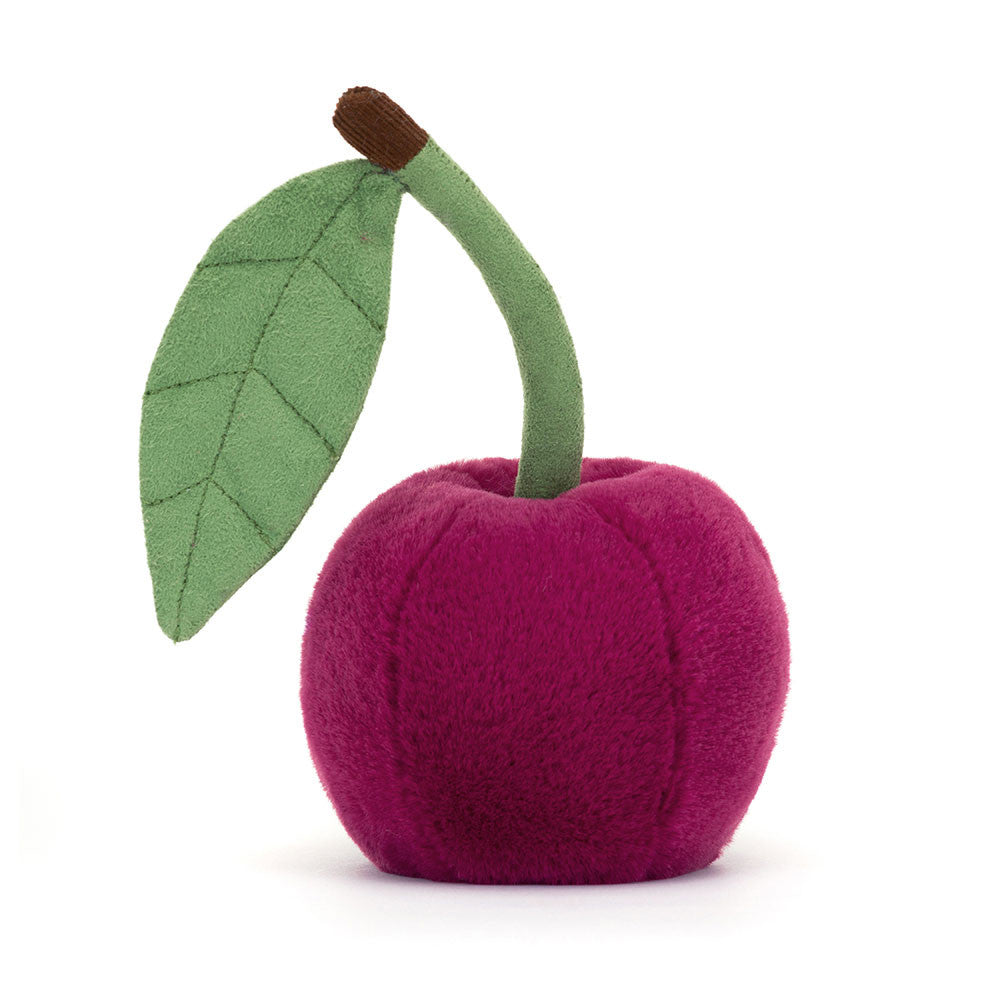 Peluche Amuseables Cherry Jellycat visto da dietro, con corpo morbido e dettagli curati
