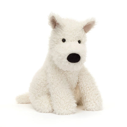 Peluche Cane Scozzese Munro Medium Jellycat originale bianco seduto, morbido e adatto dalla nascita